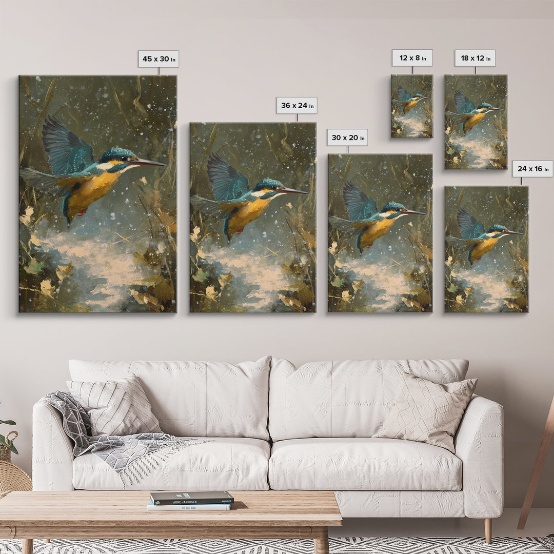 Kingfisher Diving Toward Blue Water Canvas Print, Bird Art, Modern Art, Living Room Decor, Fine Art, Flight, Floral Art, BIR-2x3-91
