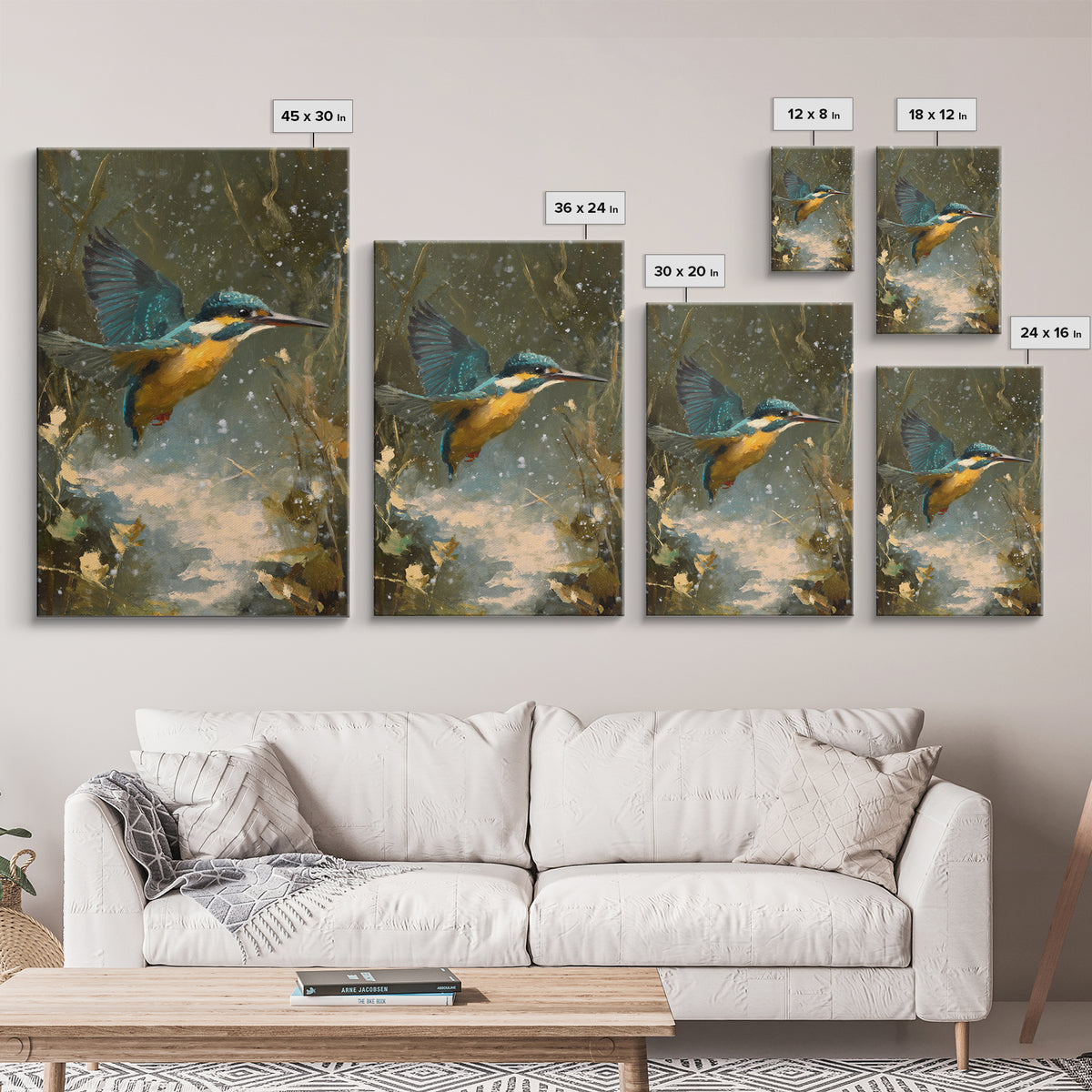 Kingfisher Diving Toward Blue Water Canvas Print, Bird Art, Modern Art, Living Room Decor, Fine Art, Flight, Floral Art, BIR-2x3-91