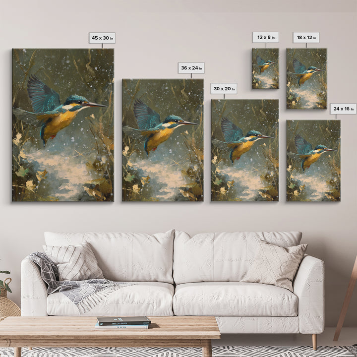 Kingfisher Diving Toward Blue Water Canvas Print, Bird Art, Modern Art, Living Room Decor, Fine Art, Flight, Floral Art, BIR-2x3-91