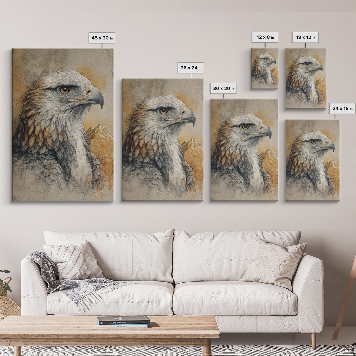 Eagle Portrait with Dramatic Mountain Wind Framed Canvas Print, Bird Art, Gallery Decor, Living Room Decor, Fine Art, Flight, BIR-2x3-92
