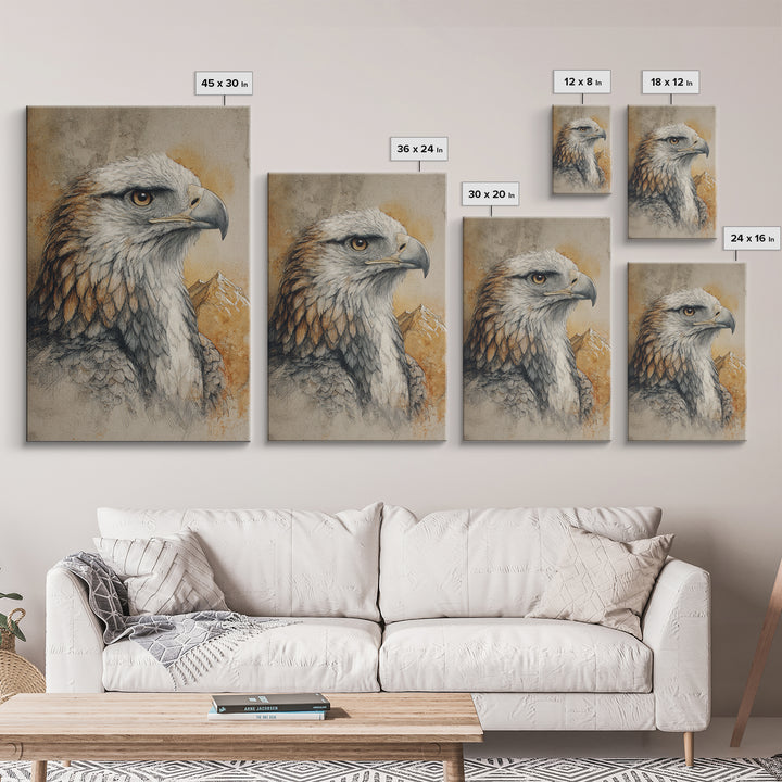 Eagle Portrait with Dramatic Mountain Wind Framed Canvas Print, Bird Art, Gallery Decor, Living Room Decor, Fine Art, Flight, BIR-2x3-92