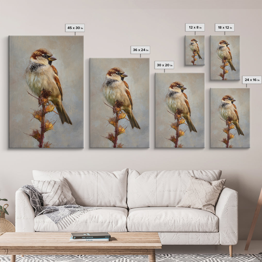 Small Sparrow on Wildflower Stem Framed Canvas Print, Bird Art, Digital Print, Living Room Decor, Watercolor Art, Flight, BIR-2x3-94