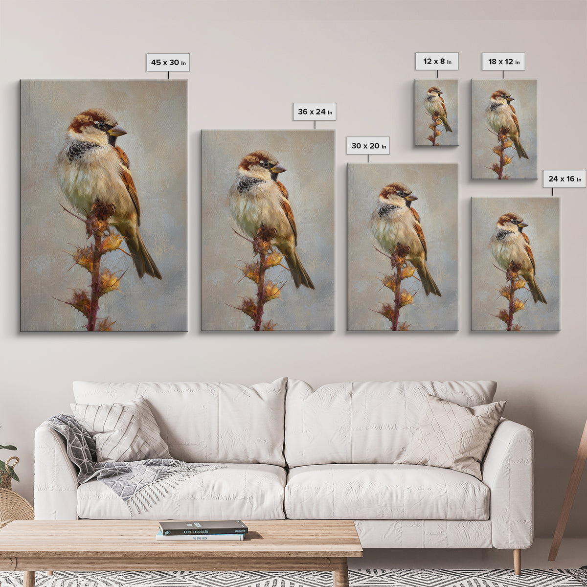 Small Sparrow on Wildflower Stem Framed Canvas Print, Bird Art, Digital Print, Living Room Decor, Watercolor Art, Flight, BIR-2x3-94