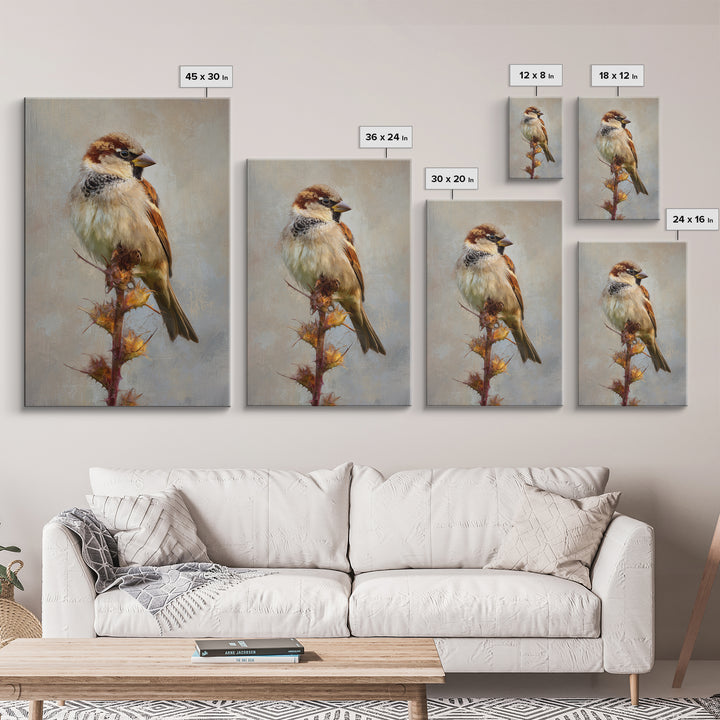 Small Sparrow on Wildflower Stem Framed Canvas Print, Bird Art, Digital Print, Living Room Decor, Watercolor Art, Flight, BIR-2x3-94