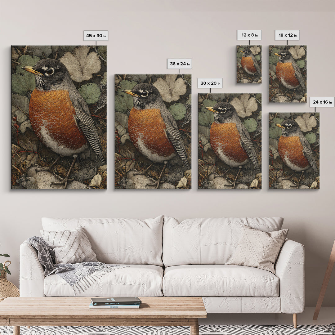 Robin in a Spring Garden with Soft Canvas Print, Bird Art, Botanical Wall Art, Living Room Decor, Watercolor Art, Flight, BIR-2x3-95