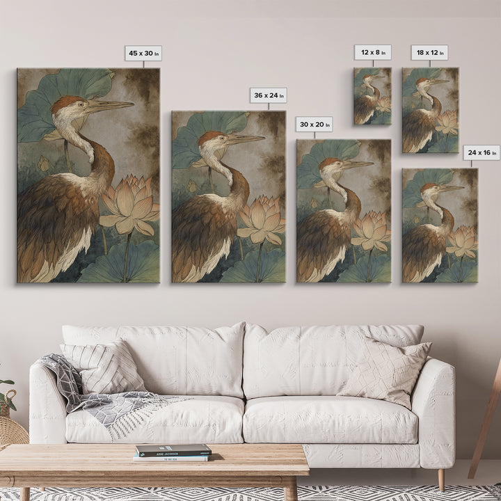 Crane and Lotus Composition Framed Canvas Print, Bird Art, Watercolor Painting, Living Room Decor, Flight, Living Room Art, BIR-2x3-97