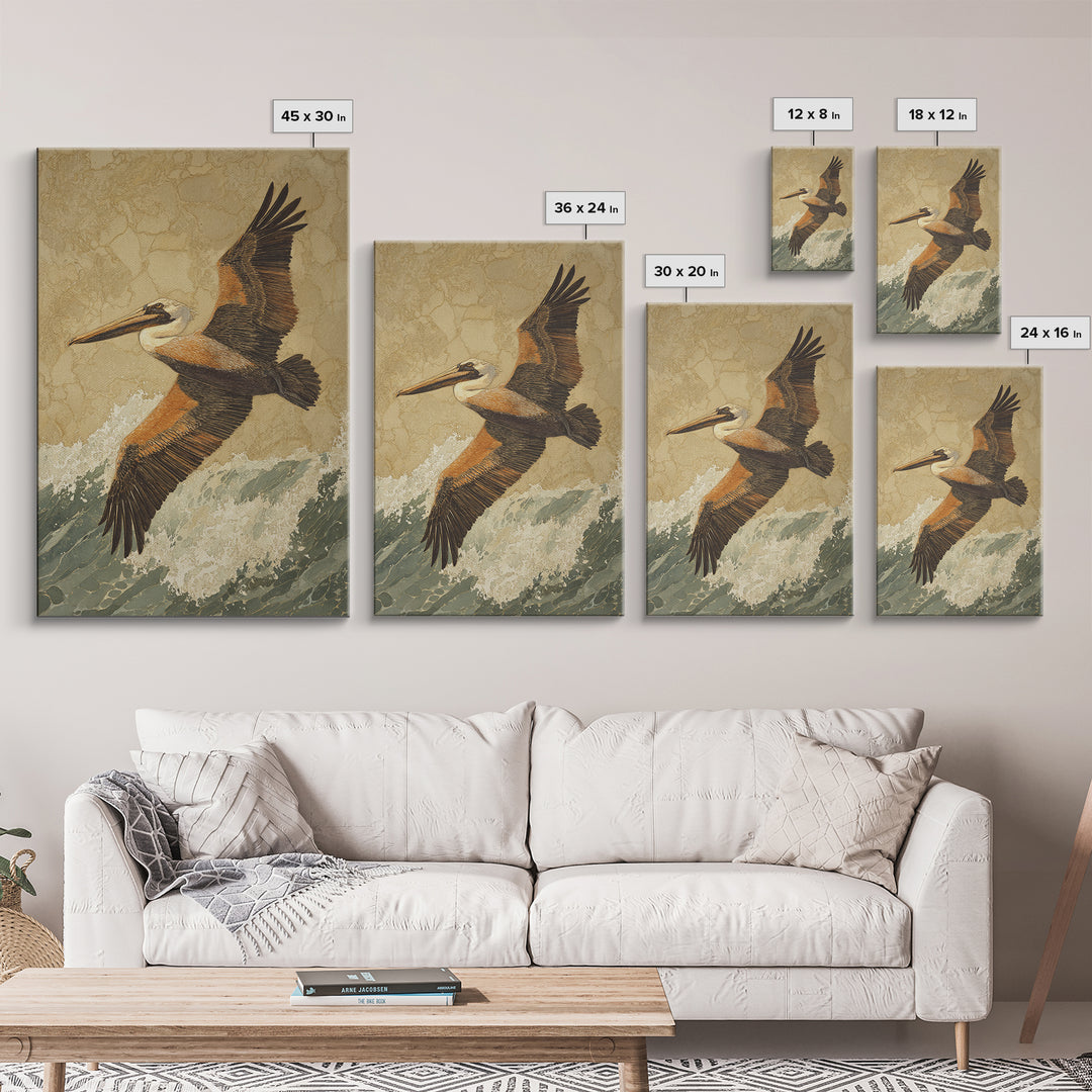 Pelican Flying over Coastal Waves Framed Canvas Print, Bird Art, Digital Prints, Living Room Decor, Watercolor Art, Flight, BIR-2x3-98