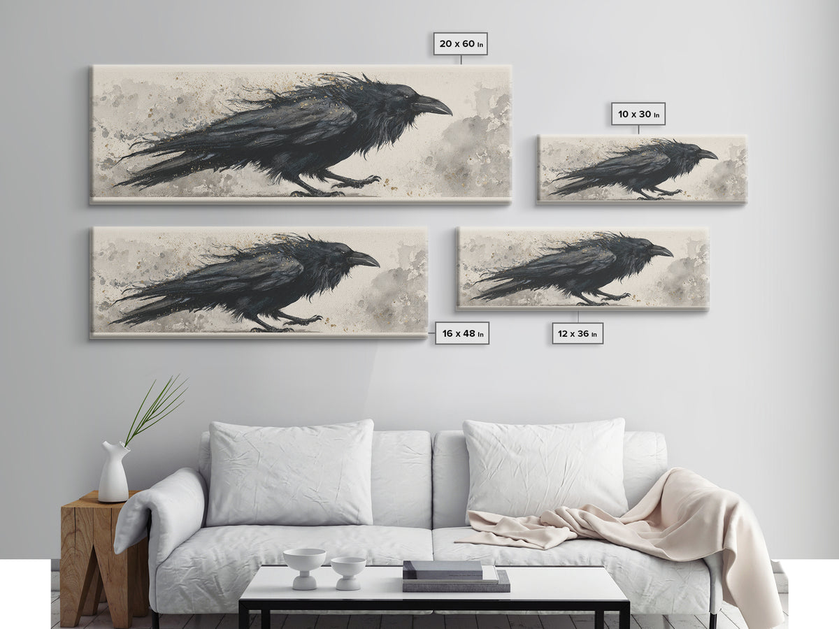 Raven Silhouette with Gothic Atmosphere Framed Canvas Print, Bird Art, Modern Wall Art, Living Room Decor, Fine Art, Flight, BIR-3x1-1