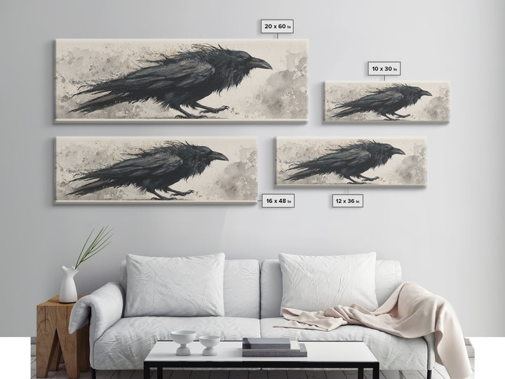 Raven Silhouette with Gothic Atmosphere Framed Canvas Print, Bird Art, Modern Wall Art, Living Room Decor, Fine Art, Flight, BIR-3x1-1