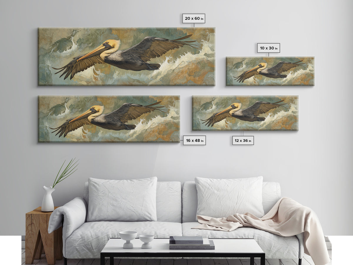 Pelican Flying over Coastal Waves Framed Canvas Print, Bird Art, Home Decor, Living Room Decor, Flight, Modern Wall Art, BIR-3x1-10