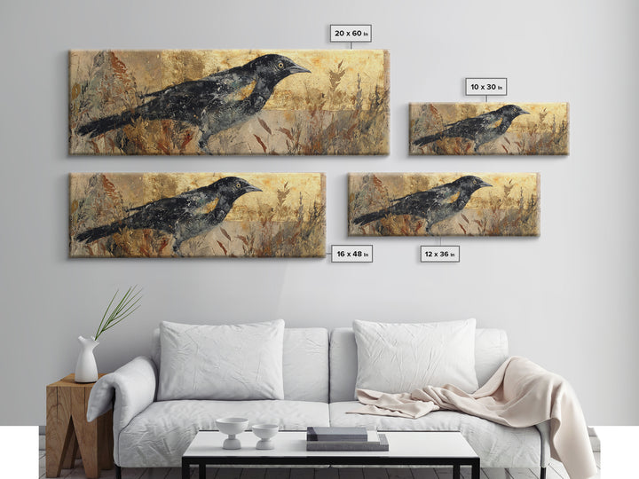 Blackbird on Gold Wheat Field Canvas Print, Bird Art, Mcm Decor, Living Room Decor, Flight, Neutral Decor, Modern Decor, BIR-3x1-16