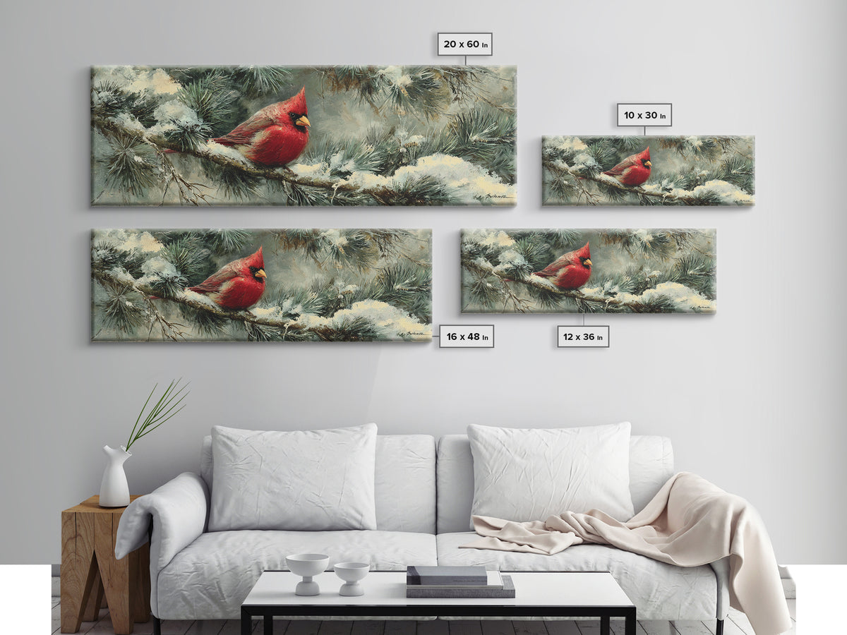 Red Cardinal on Snowy Pine Branch Framed Canvas Print, Bird Art, Botanical Wall Art, Living Room Decor, Watercolor Art, Flight, BIR-3x1-17