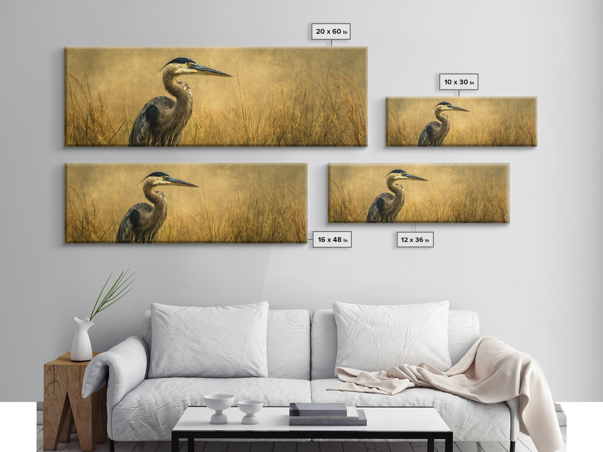 Blue Heron in Misty Marsh Grass Framed Canvas Print, Bird Art, Printable Art, Living Room Decor, Flight, Mid Century Wall Art, BIR-3x1-18