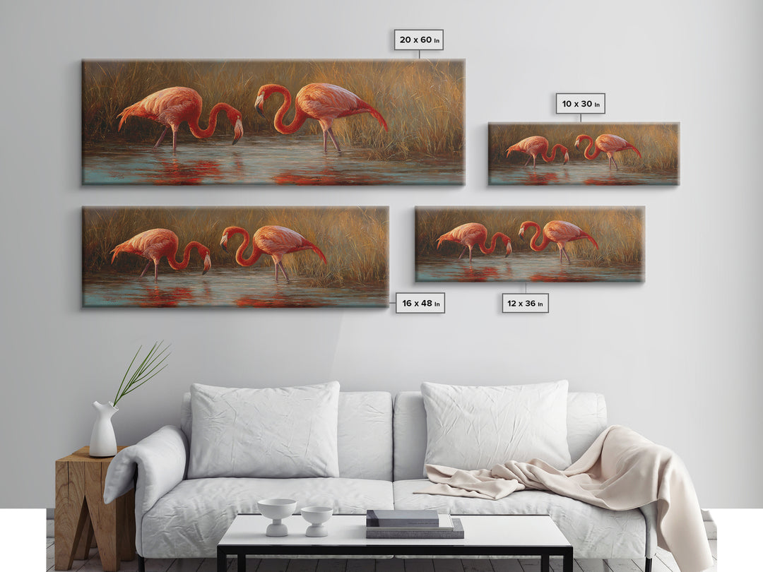 Flamingo Pair in Coral Water Reflections Framed Canvas Print, Bird Art, Mid Century Modern, Living Room Decor, Fine Art, Flight, BIR-3x1-2