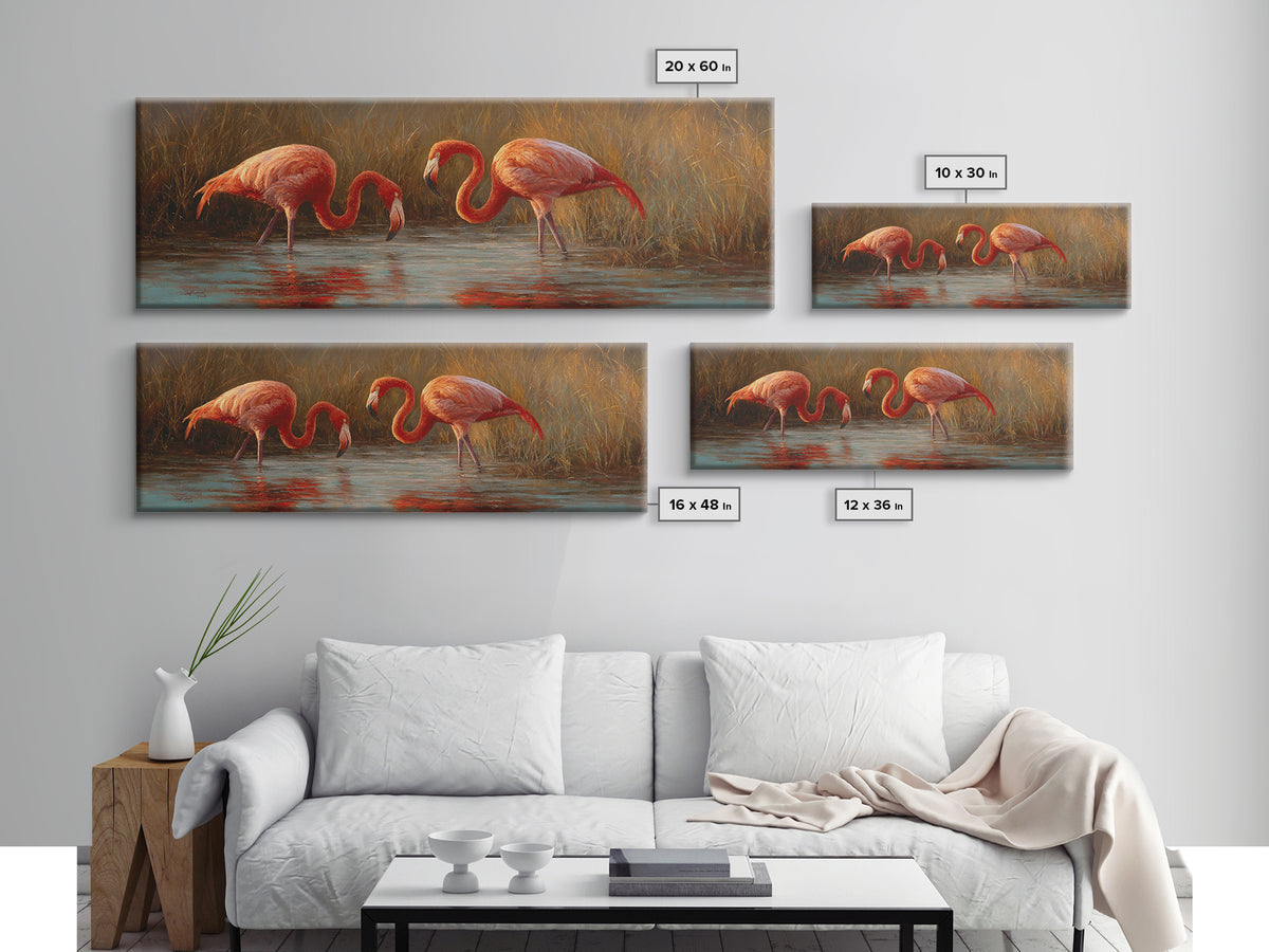 Flamingo Pair in Coral Water Reflections Framed Canvas Print, Bird Art, Mid Century Modern, Living Room Decor, Fine Art, Flight, BIR-3x1-2