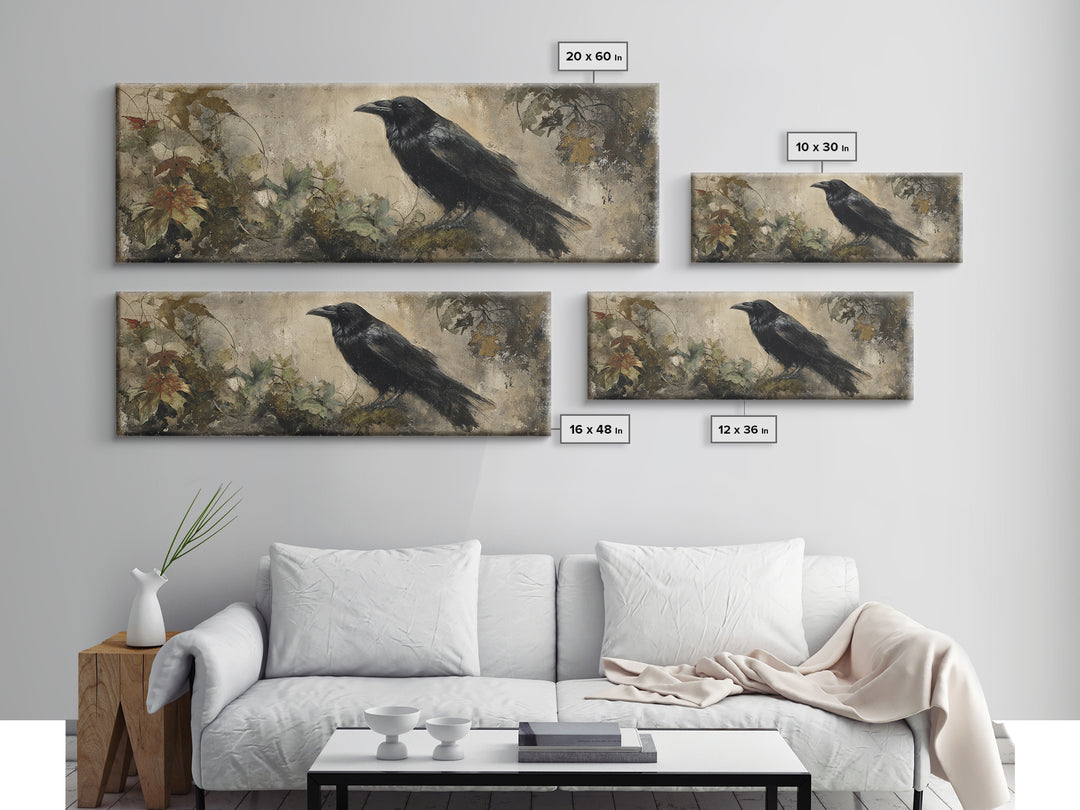 Raven Silhouette with Gothic Atmosphere Canvas Print, Bird Art, Mcm Decor, Living Room Decor, Abstract Art, Flight, BIR-3x1-25
