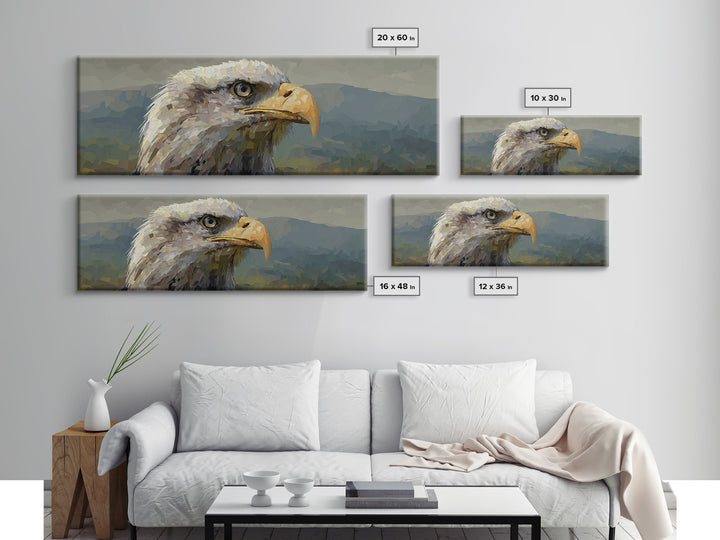 Eagle Portrait with Dramatic Mountain Wind Framed Canvas Print, Bird Art, Rustic Home Decor, Living Room Decor, Oil Painting, BIR-3x1-28