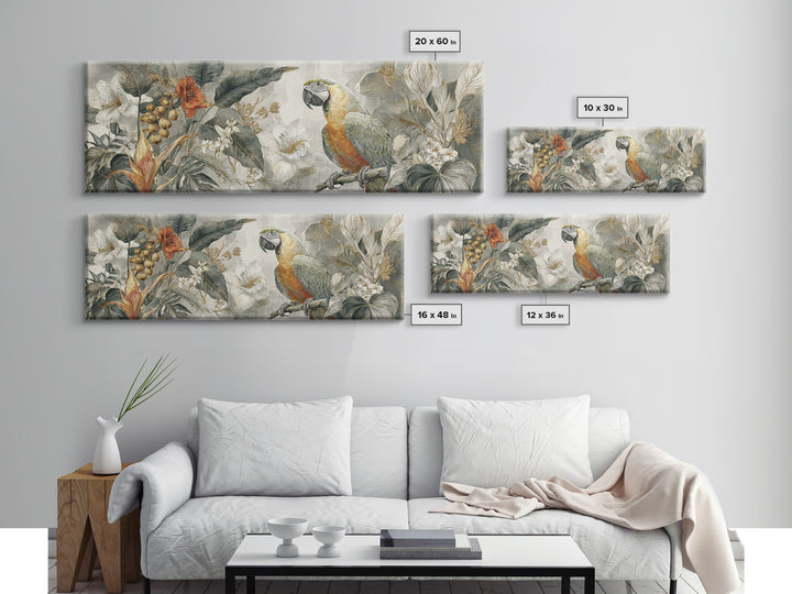 Parrot Among Tropical Leaves and Fruit Canvas Print, Bird Art, Boho Wall Decor, Living Room Decor, Oil Painting, Flight, BIR-3x1-29