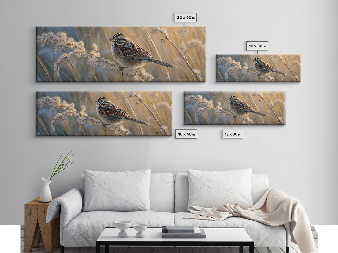 Small Sparrow on Wildflower Stem Canvas Print, Bird Art, Wall Art, Living Room Decor, Watercolor Art, Flight, Japanese Wall Art, BIR-3x1-30