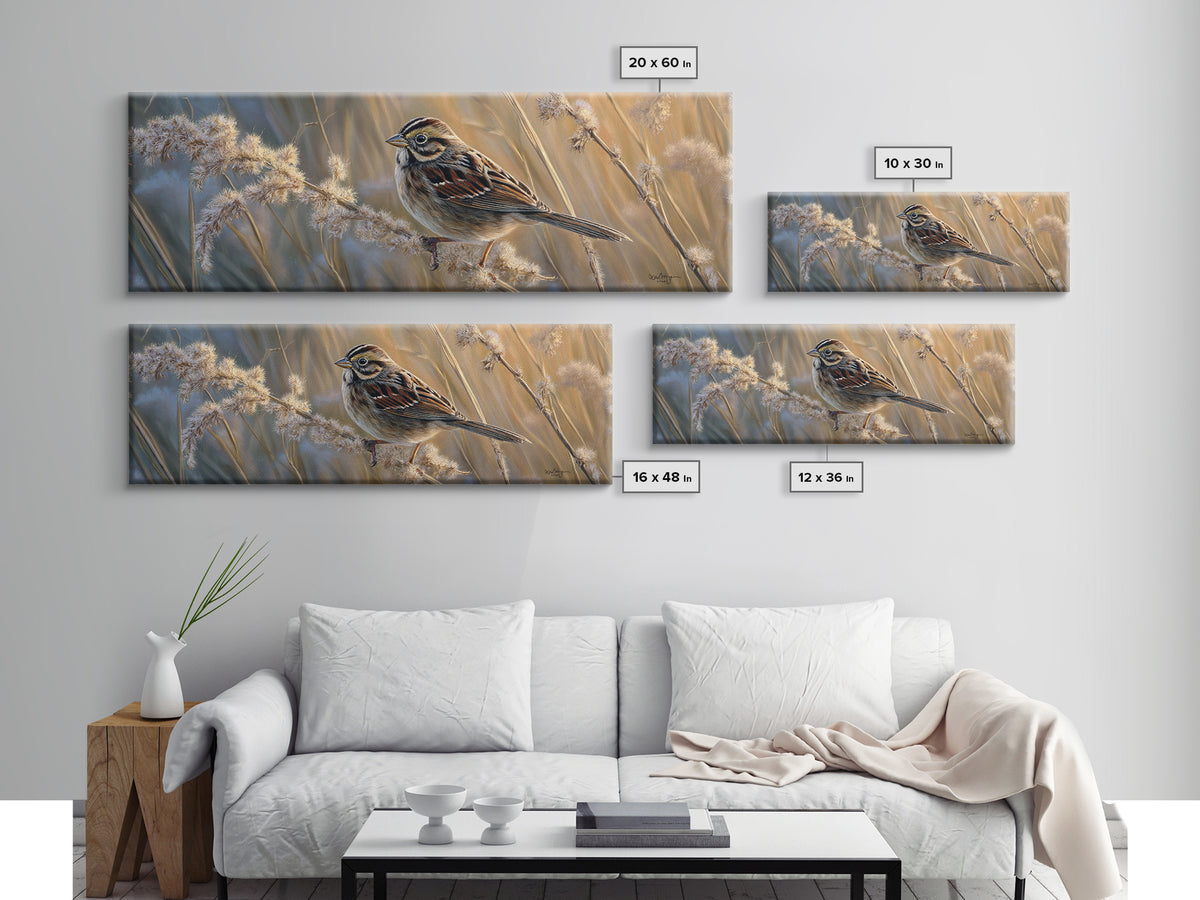 Small Sparrow on Wildflower Stem Canvas Print, Bird Art, Wall Art, Living Room Decor, Watercolor Art, Flight, Japanese Wall Art, BIR-3x1-30