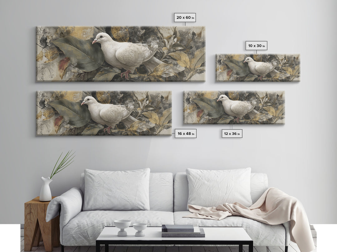 White Dove with Olive Branch and Calm Framed Canvas Print, Bird Art, Floral Art, Living Room Decor, Fine Art, Flight, BIR-3x1-32