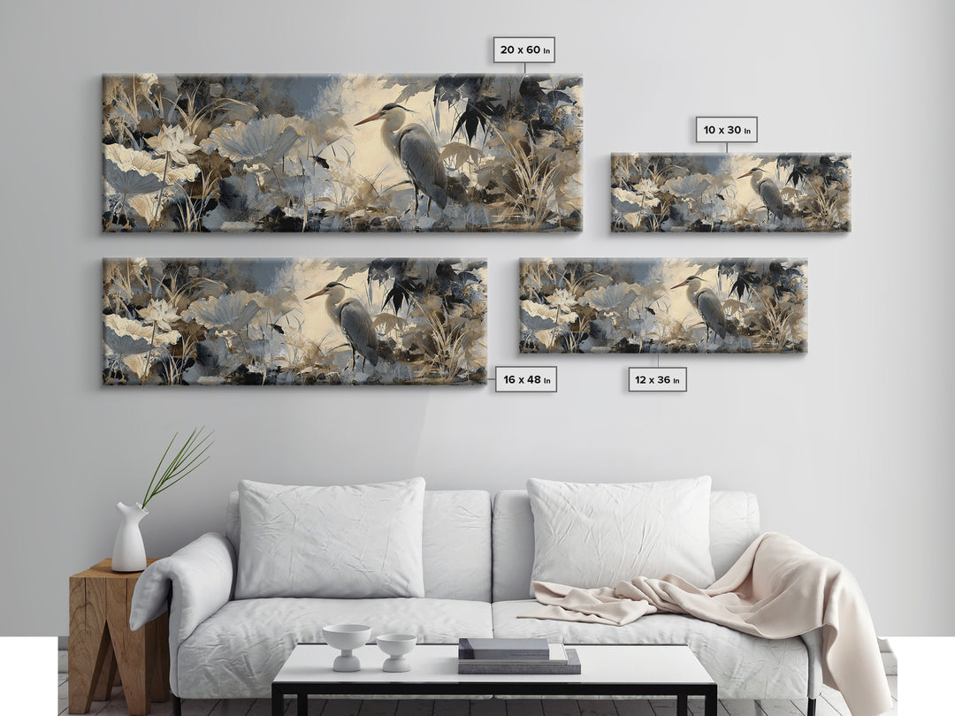 Crane and Lotus Composition Canvas Print, Bird Art, Living Room Decor, Fine Art, Flight, Rustic Home Decor, Floral Art, BIR-3x1-33