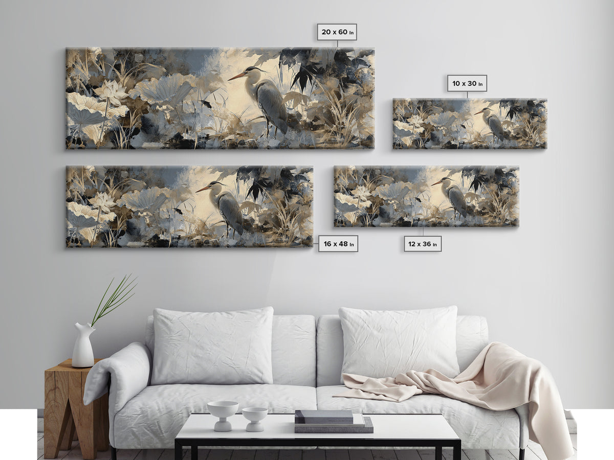 Crane and Lotus Composition Canvas Print, Bird Art, Living Room Decor, Fine Art, Flight, Rustic Home Decor, Floral Art, BIR-3x1-33