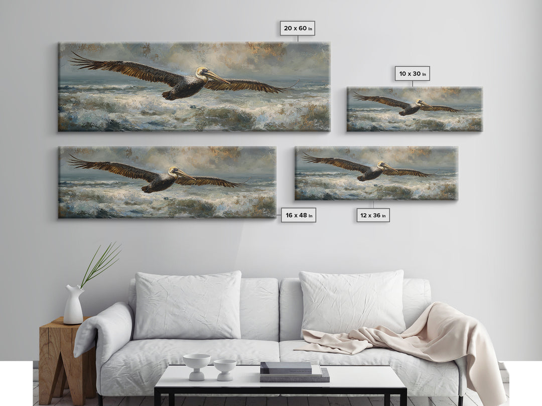 Pelican Flying over Coastal Waves Canvas Print, Bird Art, Original Art, Living Room Decor, Abstract Art, Flight, Mcm Decor, BIR-3x1-34