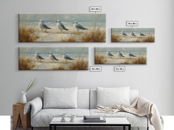 Seagulls Above a Pale Beach Horizon Canvas Print, Bird Art, Forest Wall Art, Living Room Decor, Flight, Minimalist Decor, BIR-3x1-36