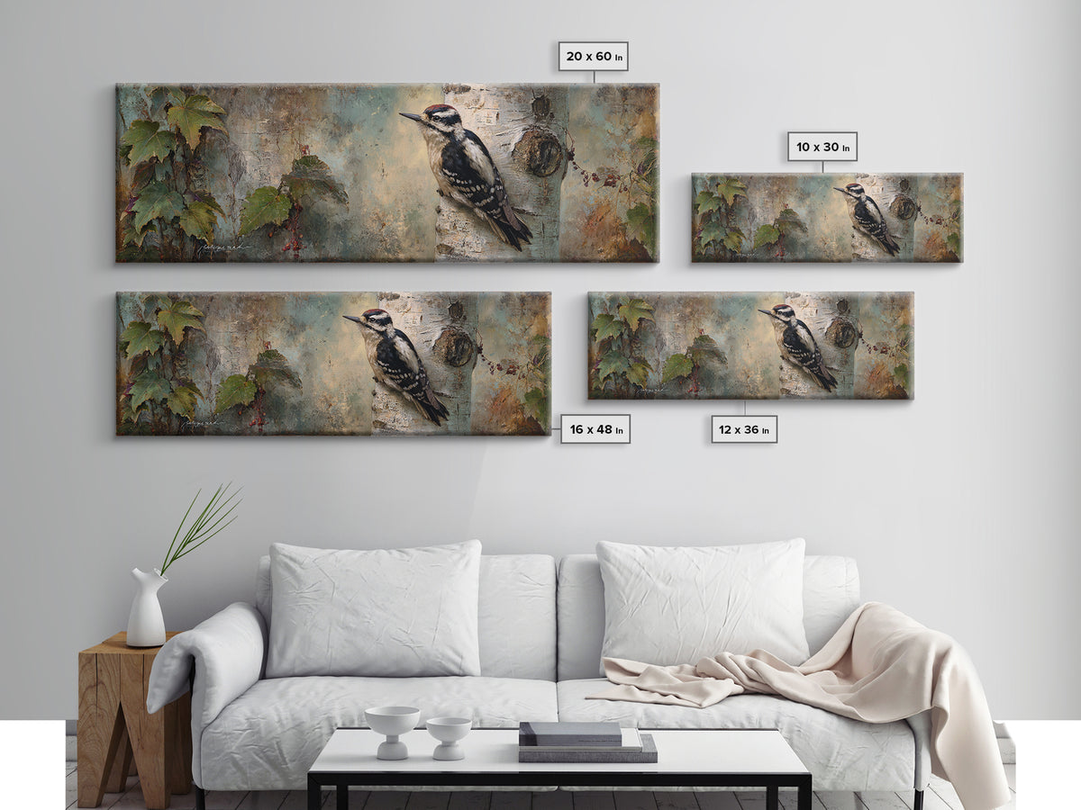 Woodpecker on Birch Bark Texture Framed Canvas Print, Bird Art, Modern Art, Living Room Decor, Watercolor Art, Flight, BIR-3x1-37
