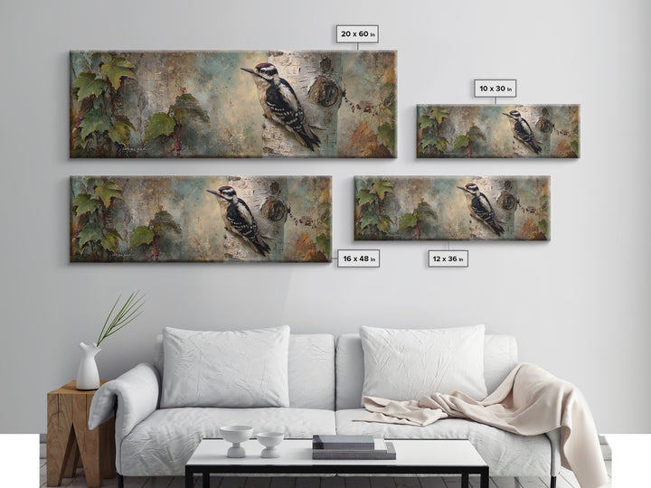 Woodpecker on Birch Bark Texture Framed Canvas Print, Bird Art, Modern Art, Living Room Decor, Watercolor Art, Flight, BIR-3x1-37