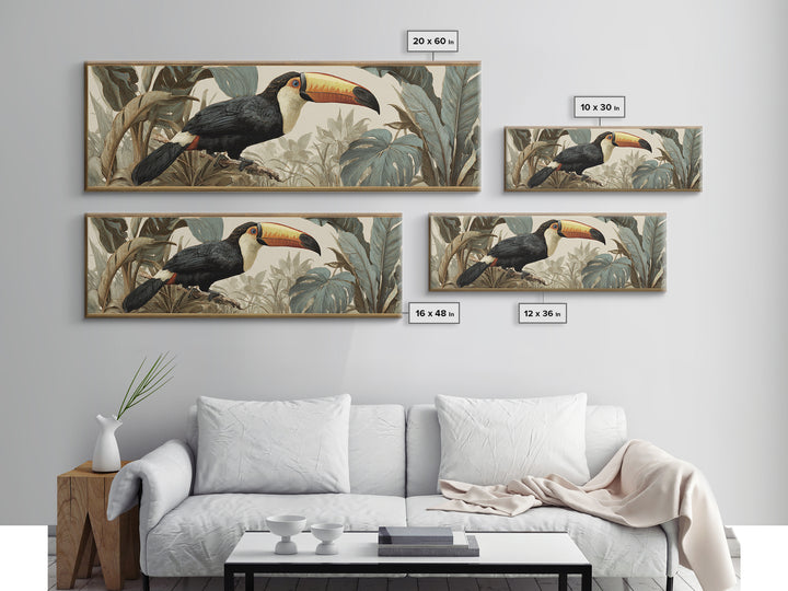 Toucan Framed by Bold Jungle Foliage Canvas Print, Bird Art, Fine Art Print, Living Room Decor, Fine Art, Flight, Wall Decor, BIR-3x1-39