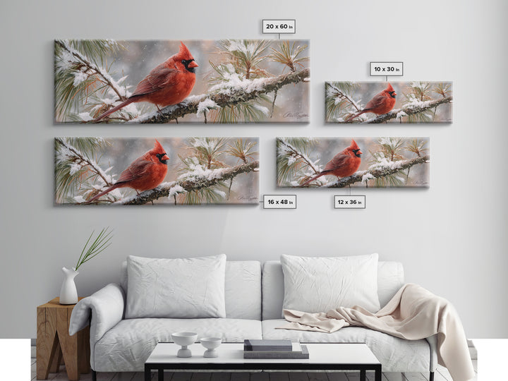 Red Cardinal on Snowy Pine Branch Canvas Print, Bird Art, Nature Prints, Living Room Decor, Fine Art, Flight, Boho Decor, BIR-3x1-41