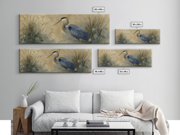 Blue Heron in Misty Marsh Grass Canvas Print, Bird Art, Boho Wall Decor, Living Room Decor, Fine Art, Flight, Nature Wall Art, BIR-3x1-42