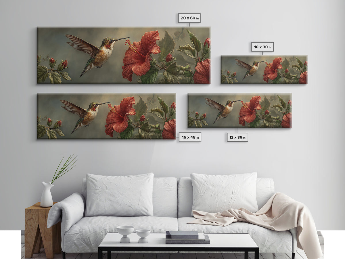 Hummingbird Hovering Beside Bright Hibiscus Framed Canvas Print, Bird Art, Neutral Decor, Living Room Decor, Fine Art, Flight, BIR-3x1-44