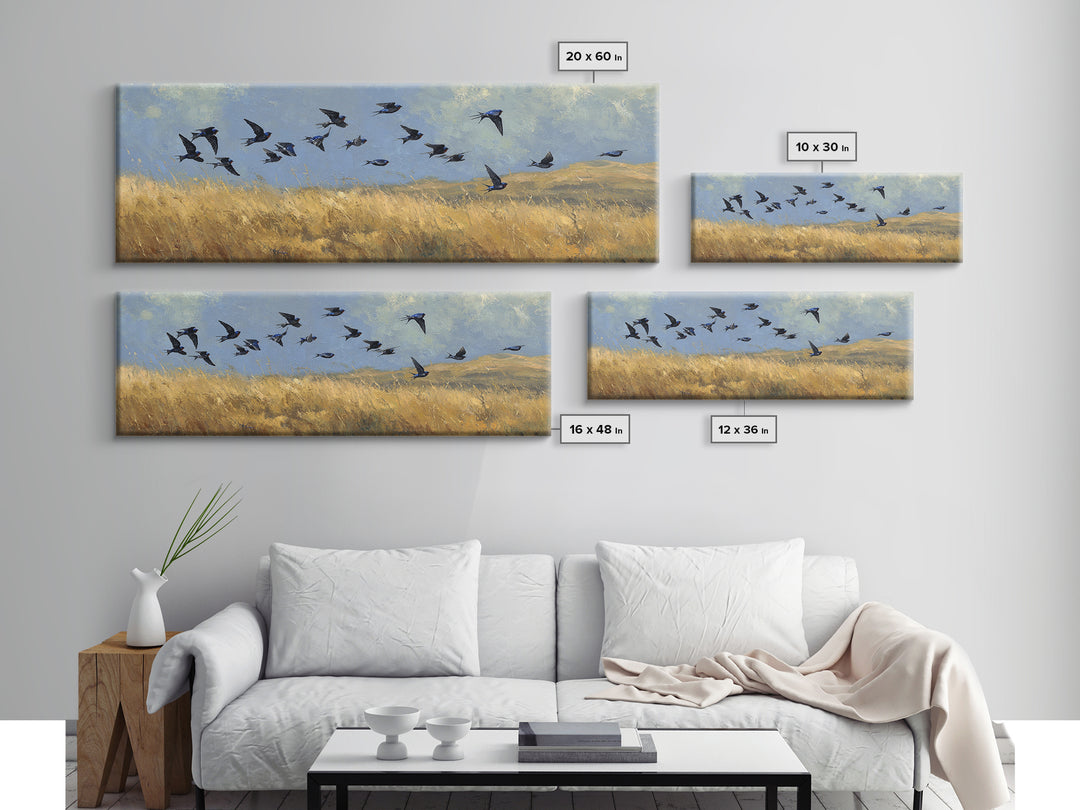 Flock of Swallows Sweeping Across Open Sky Canvas Print, Bird Art, Living Room Decor, Fine Art, Flight, Rustic Home Decor, BIR-3x1-46