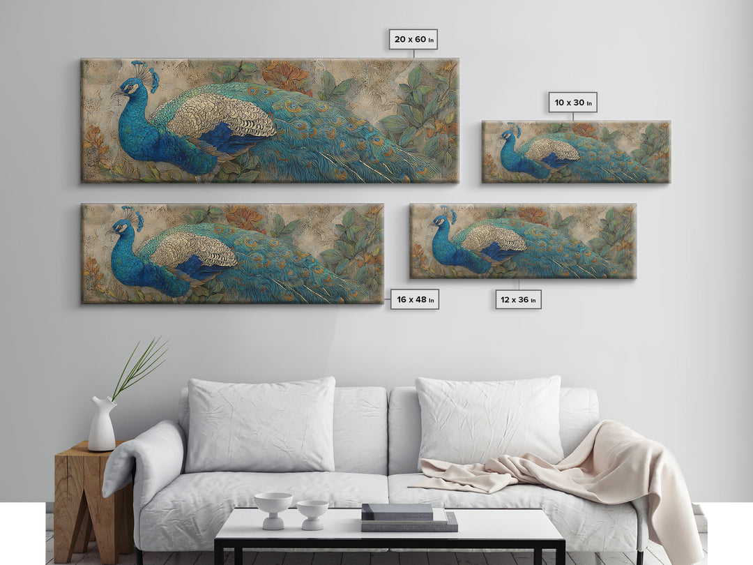 Peacock with Jewel Tone Feather Pattern Framed Canvas Print, Bird Art, Digital Prints, Living Room Decor, Oil Painting, Flight, BIR-3x1-47
