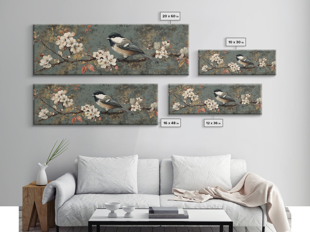 Songbird Perched on Cherry Blossoms Canvas Print, Bird Art, Art Print, Living Room Decor, Fine Art, Flight, Original Art, BIR-3x1-48