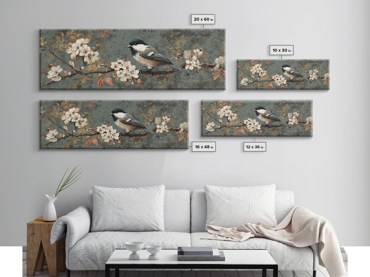 Songbird Perched on Cherry Blossoms Canvas Print, Bird Art, Art Print, Living Room Decor, Fine Art, Flight, Original Art, BIR-3x1-48