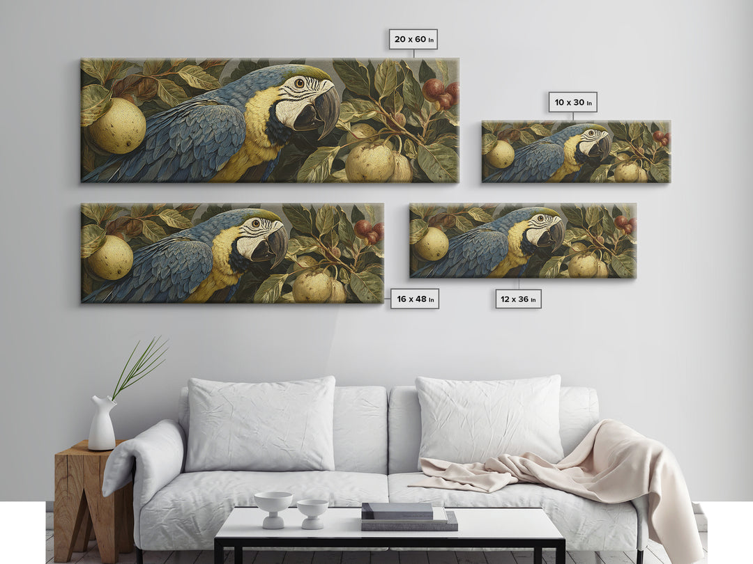 Parrot Among Tropical Leaves and Fruit Framed Canvas Print, Bird Art, Printable Art, Living Room Decor, Watercolor Art, Flight, BIR-3x1-5