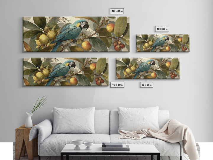 Parrot Among Tropical Leaves and Fruit Framed Canvas Print, Bird Art, Bird Prints, Living Room Decor, Fine Art, Flight, BIR-3x1-53