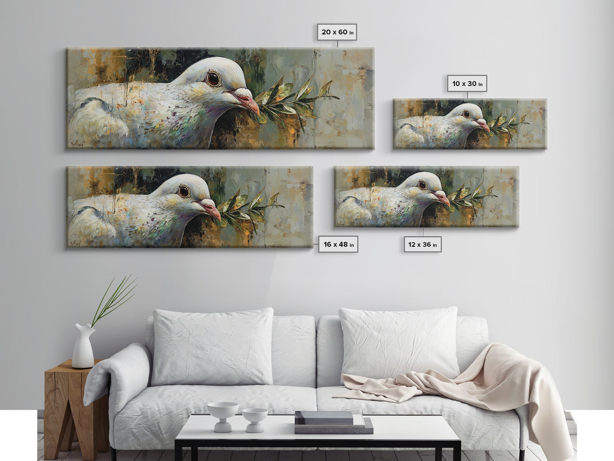 White Dove with Olive Branch and Calm Framed Canvas Print, Bird Art, Textured Painting, Living Room Decor, Oil Painting, Flight, BIR-3x1-56