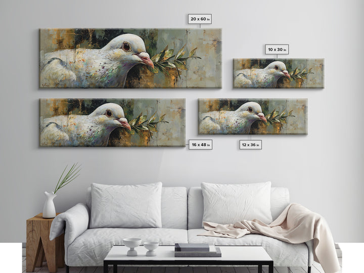 White Dove with Olive Branch and Calm Framed Canvas Print, Bird Art, Textured Painting, Living Room Decor, Oil Painting, Flight, BIR-3x1-56