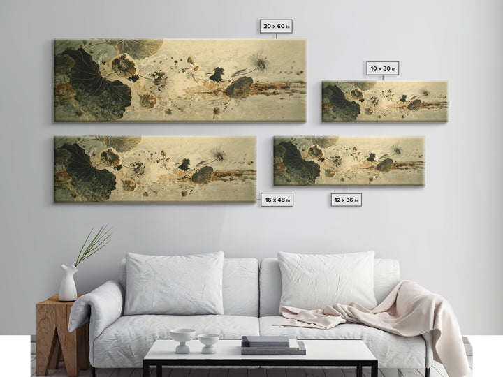 Crane and Lotus Composition Framed Canvas Print, Bird Art, Mid Century Wall Art, Living Room Decor, Fine Art, Flight, BIR-3x1-57