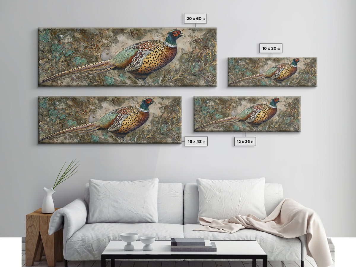 Pheasant with Ornate Feather Details Framed Canvas Print, Bird Art, Wall Art, Living Room Decor, Flight, Japanese Wall Art, BIR-3x1-59