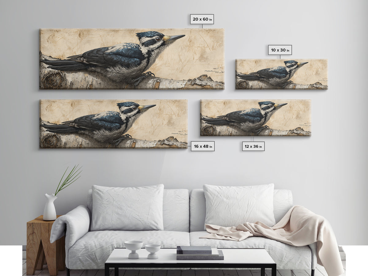 Woodpecker on Birch Bark Texture Canvas Print, Bird Art, Digital Download Art, Living Room Decor, Oil Painting, Flight, BIR-3x1-61