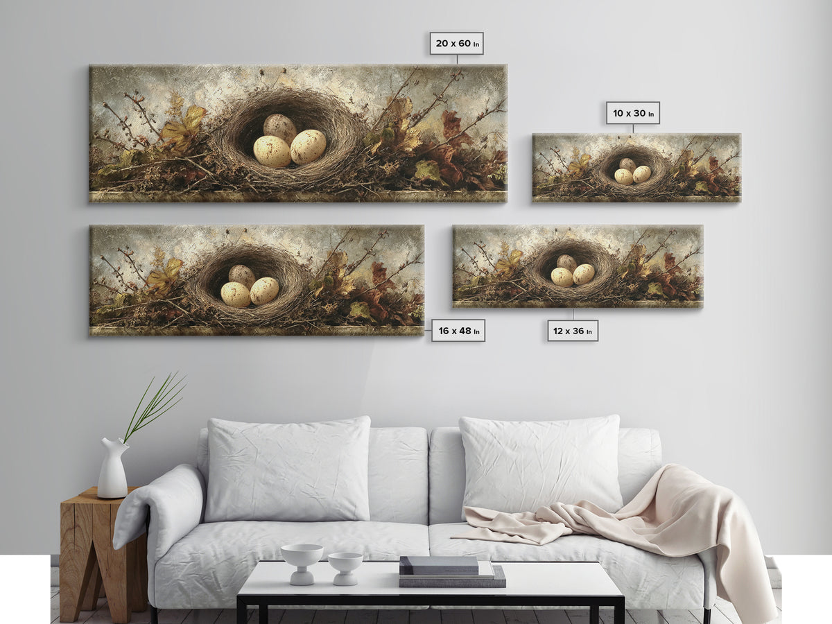 Bird Nest with Eggs and Delicate Twigs Canvas Print, Bird Art, Gallery Decor, Living Room Decor, Oil Painting, Flight, BIR-3x1-62