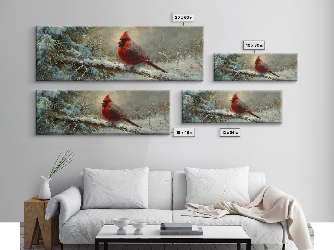 Red Cardinal on Snowy Pine Branch Canvas Print, Bird Art, Nature Prints, Living Room Decor, Fine Art, Flight, Boho Decor, BIR-3x1-65