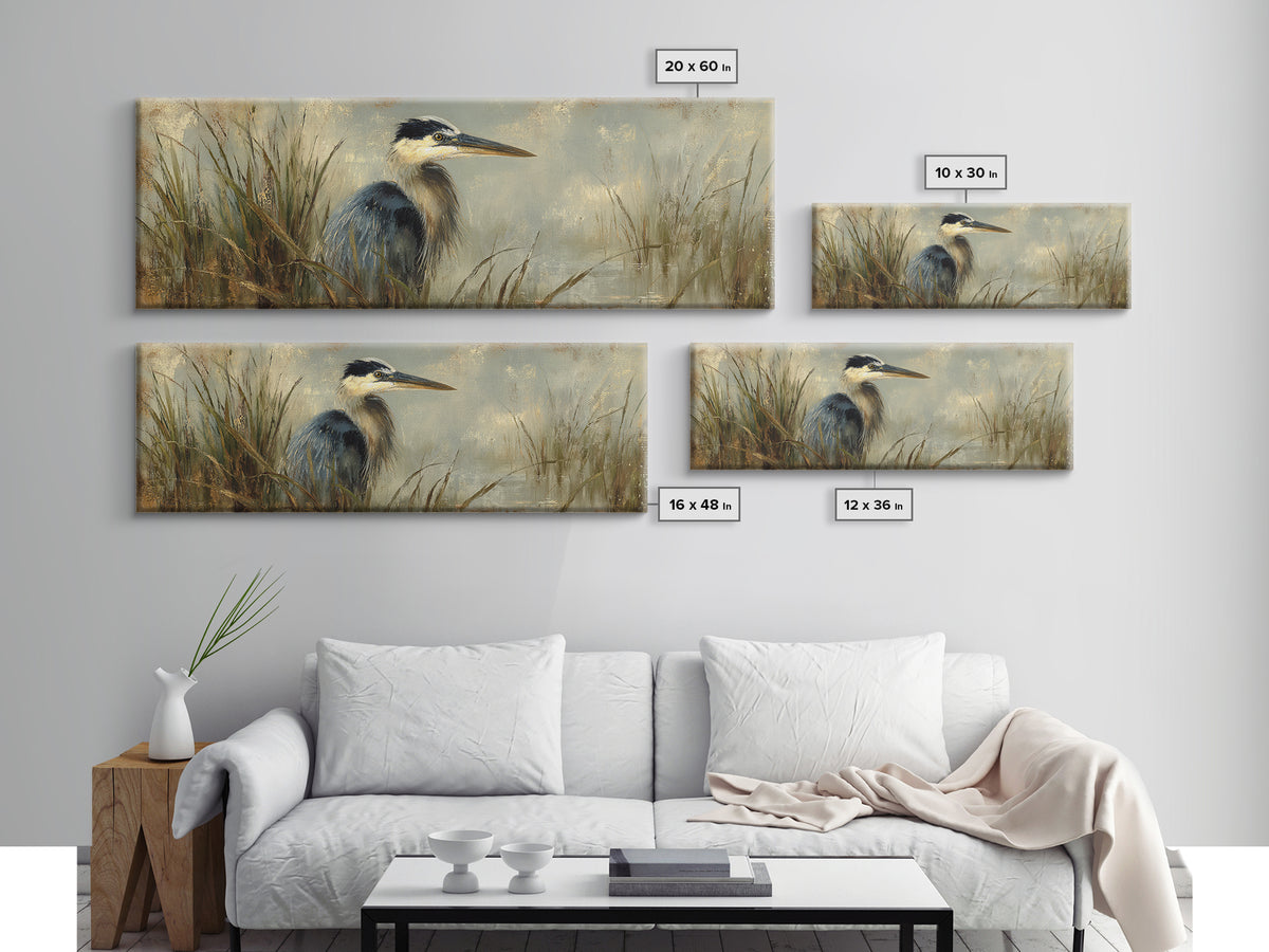 Blue Heron in Misty Marsh Grass Canvas Print, Bird Art, Boho Wall Decor, Living Room Decor, Fine Art, Flight, Nature Wall Art, BIR-3x1-66