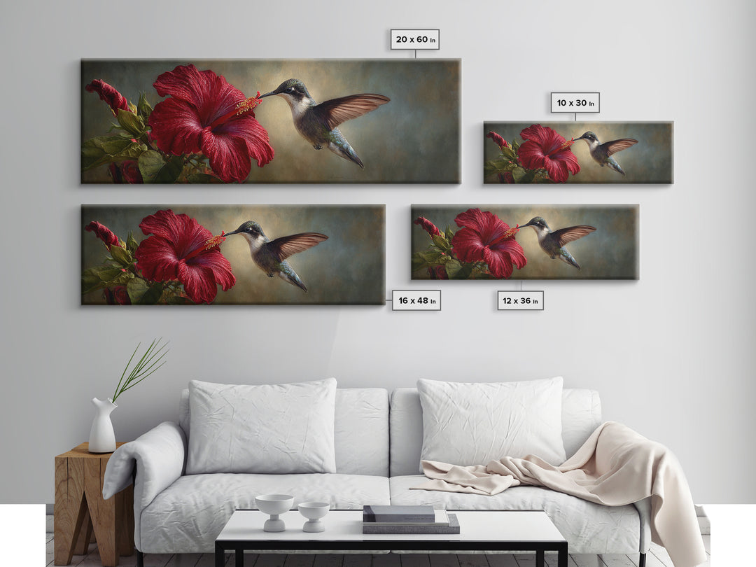 Hummingbird Hovering Beside Bright Hibiscus Framed Canvas Print, Bird Art, Living Room Decor, Watercolor Art, Flight, BIR-3x1-68
